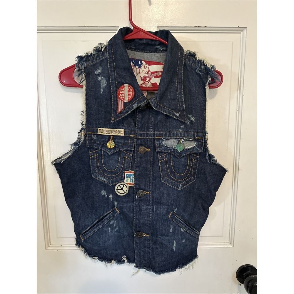 True Religion Jada Woman's Distressed Denim Vest Peace Graffiti Y2K Size Large